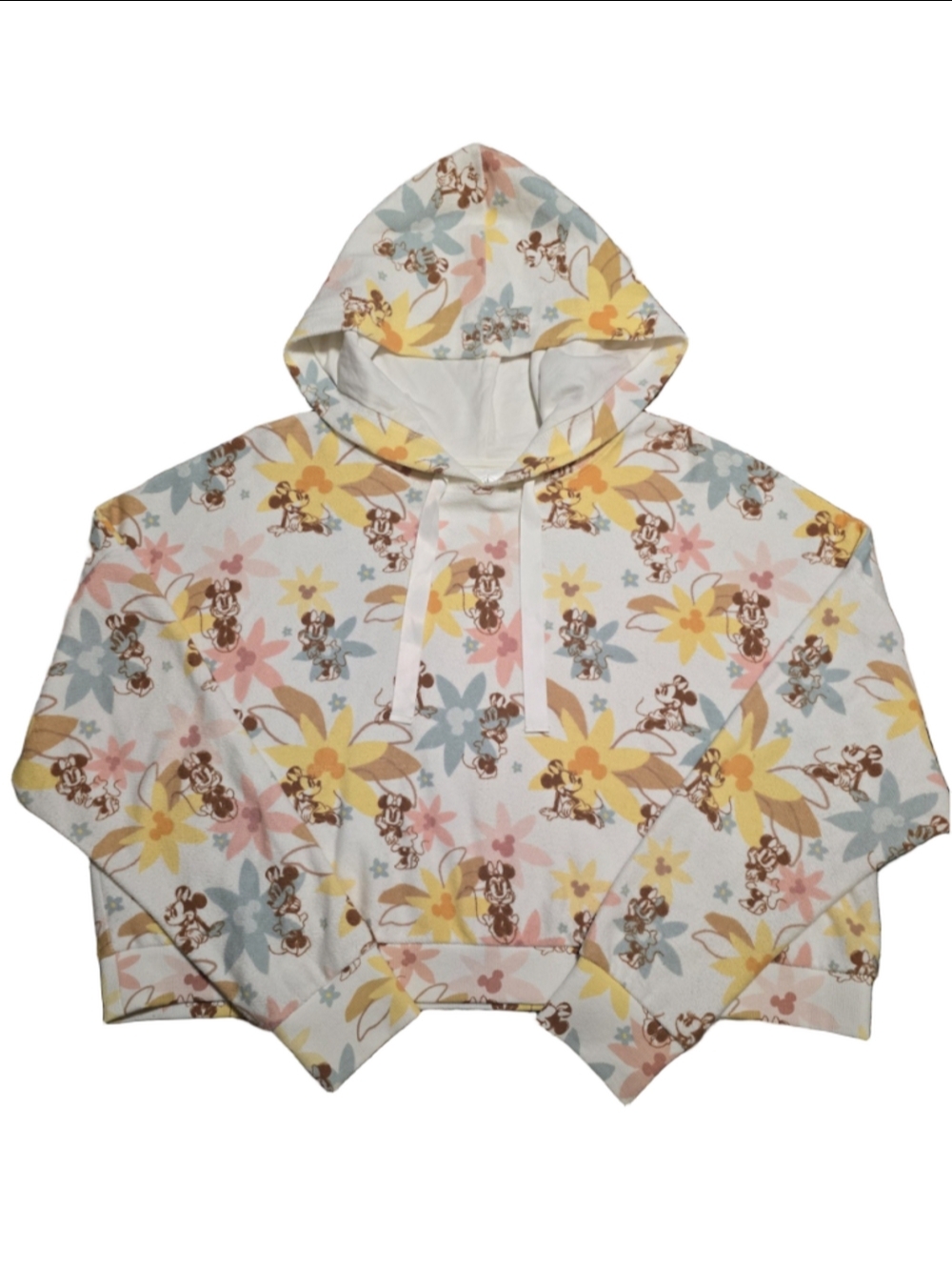Disney Store Minnie Mouse Retro Pastel Floral Cropped Hoodie Sweatshirt Large L